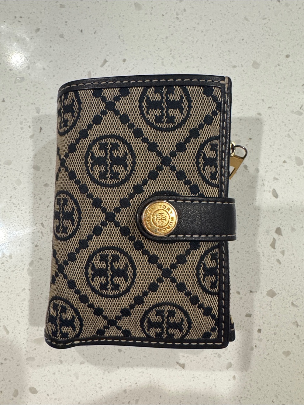 Tory Burch Black & Beige Logo Canvas Card Holder with Gold-Tone Hardware